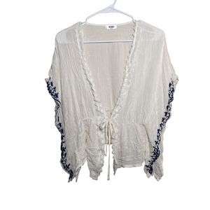 Bubba Blouse Women's M/L Embroidered Tie Front Boho Sheer V-Neck Casual Top